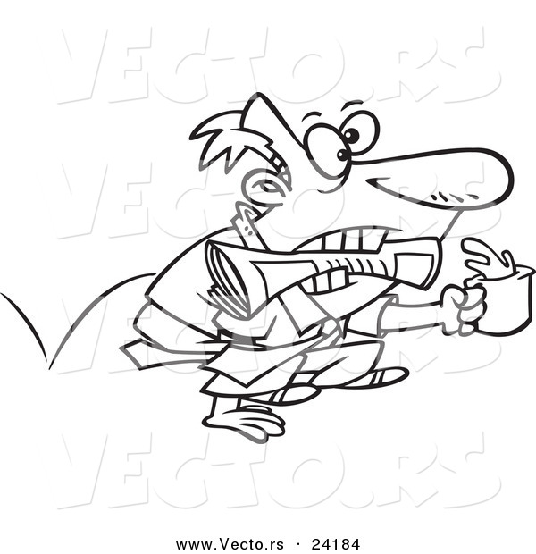 Vector of a Cartoon Fetching Businessman Holding a Newspaper and Coffee - Coloring Page Outline