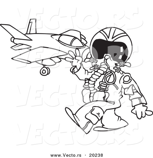 Vector of a Cartoon Fighter Pilot near His Jet - Outlined Coloring Page
