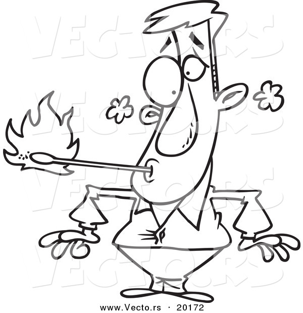 Vector of a Cartoon Fire Eater Holding a Match in His Mouth - Outlined Coloring Page