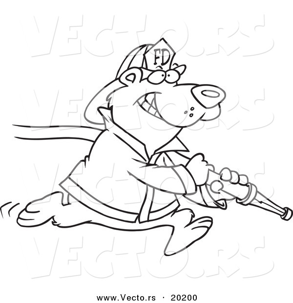 Vector of a Cartoon Fire Fighter Bear Carrying a Hose - Outlined Coloring Page
