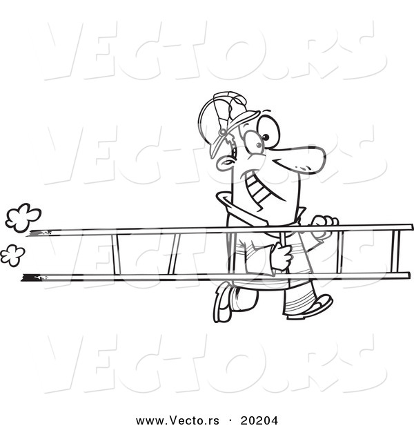 Vector of a Cartoon Fire Fighter Carrying a Ladder - Outlined Coloring Page