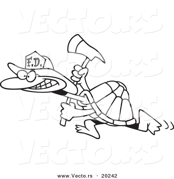 Vector of a Cartoon Fire Fighter Tortoise Carrying an Axe - Outlined Coloring Page