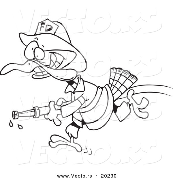 Vector of a Cartoon Fire Fighter Turkey Carrying a Hose - Outlined Coloring Page