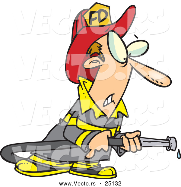 Vector of a Cartoon Fireman Trying to Get His Firehose to Work