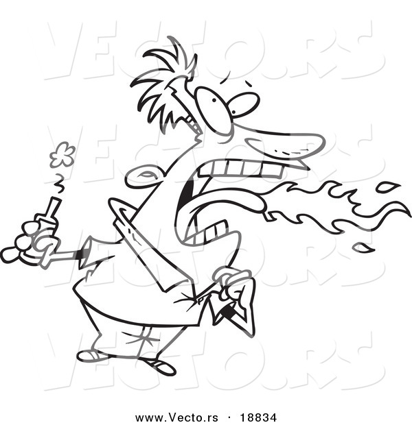 Vector of a Cartoon Firey Mouthed Man with Hot Sauce - Outlined Coloring Page