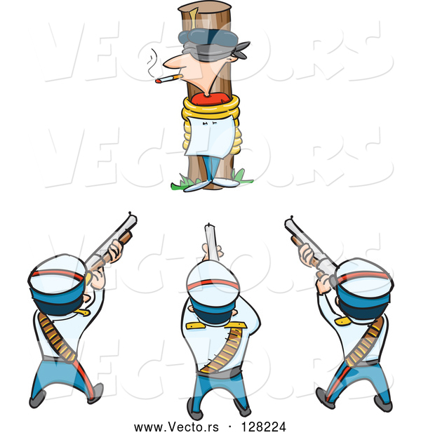 Vector of a Cartoon Firing Squad Pointing Guns at a Man Tied to a Pole
