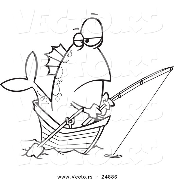 Vector of a Cartoon Fish Fishing from a Boat - Outlined Coloring Page