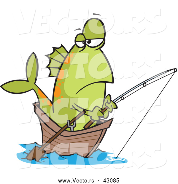 Vector of a Cartoon Fish Fishing in a Wooden Boat
