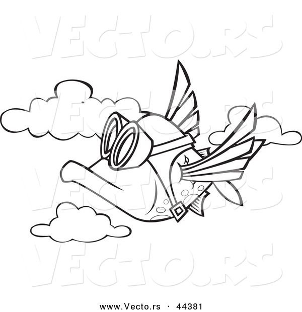 Vector of a Cartoon Fish Flying in the Sky - Coloring Page Outline