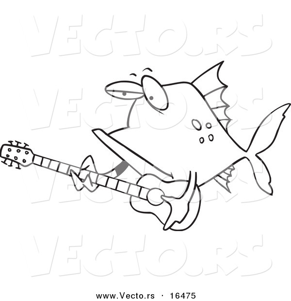 Vector of a Cartoon Fish Guitarist - Outlined Coloring Page Drawing