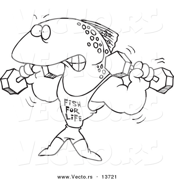 Vector of a Cartoon Fish Lifting Weights and Wearing a Fish for Life Shirt - Coloring Page Outline