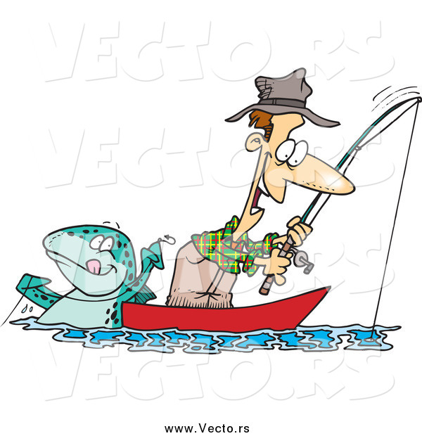 Vector of a Cartoon Fish Playing a Joke and Tugging on an Excited White Man's Line
