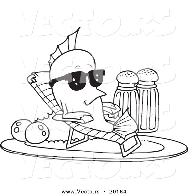 Vector of a Cartoon Fish Relaxing on a Plate - Outlined Coloring Page