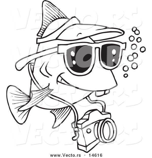 Vector of a Cartoon Fish Tourist Swimming with a Camera - Coloring Page Outline