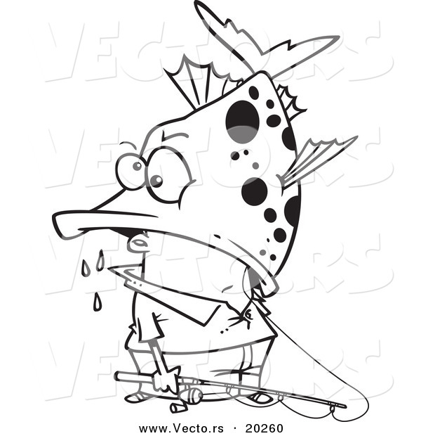 Vector of a Cartoon Fisherman Inside a Big Fish's Mouth - Outlined Coloring Page