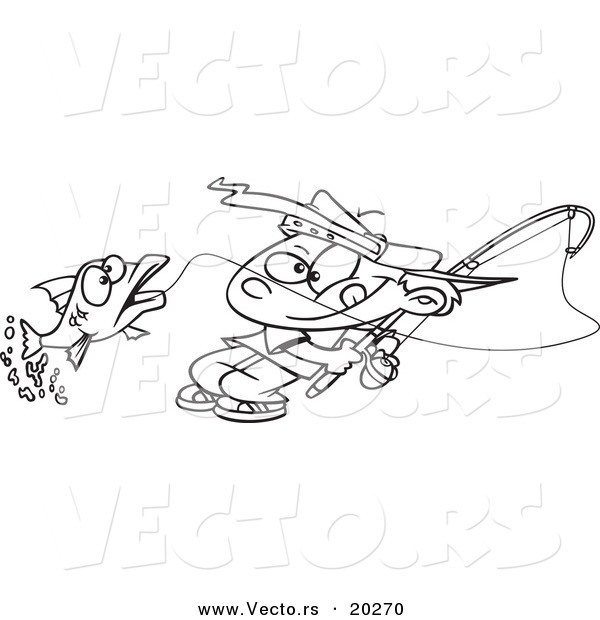 Vector of a Cartoon Fishing Boy Reeling in a Fish - Outlined Coloring Page