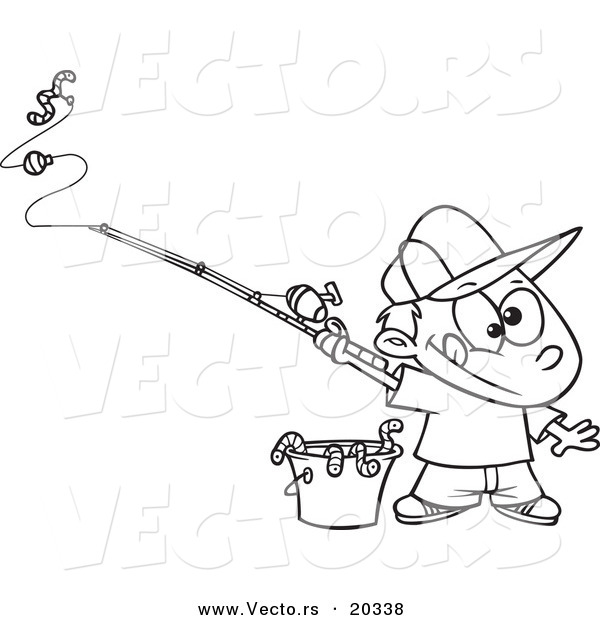 Vector of a Cartoon Fishing Boy with a Bucket of Worms - Coloring Page Outline
