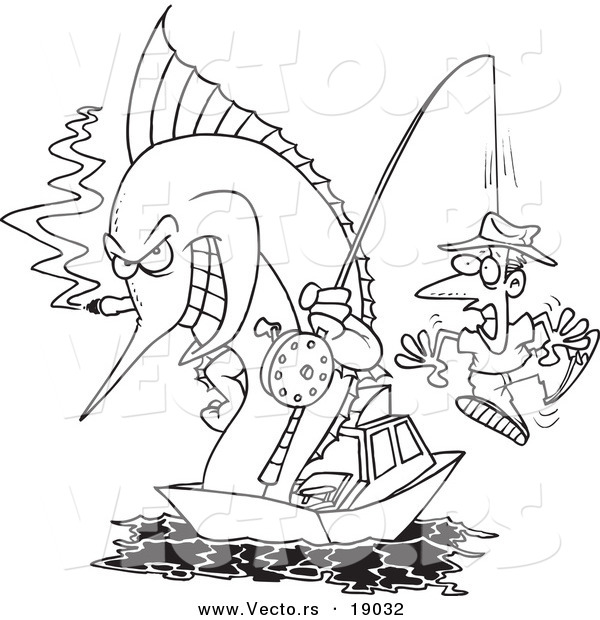 Vector of a Cartoon Fishing Marlin with a Man on a Hook - Outlined Coloring Page