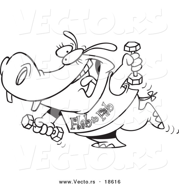 Vector of a Cartoon Flab to Fab Fitness Hippo - Outlined Coloring Page