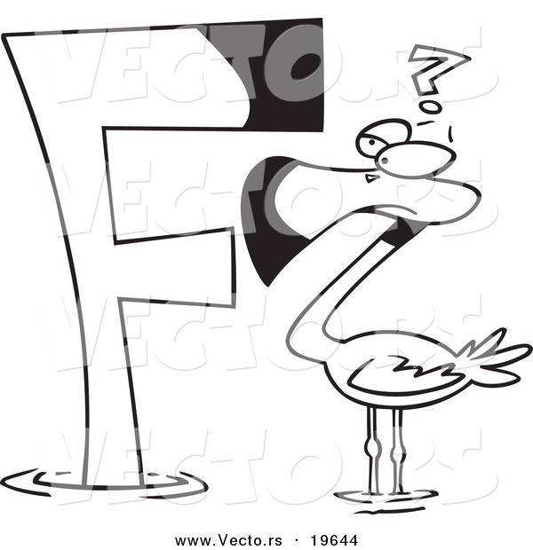 Vector of a Cartoon Flamingo Looking at a Letter F - Outlined Coloring Page