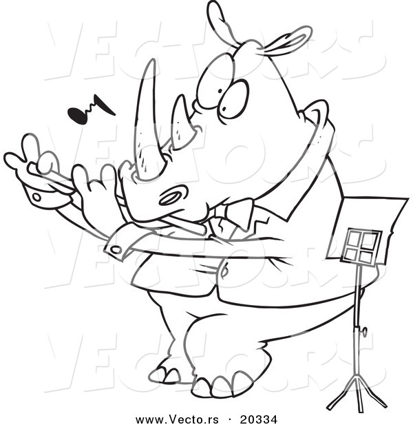 Vector of a Cartoon Flautist Rhino - Coloring Page Outline