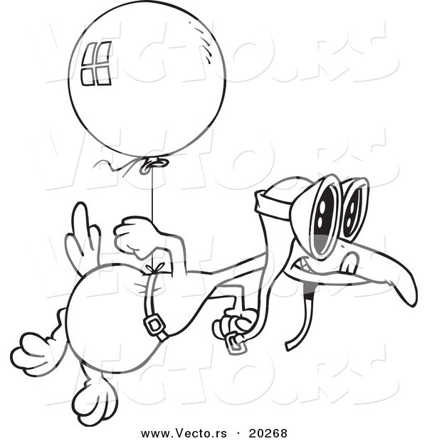 Vector of a Cartoon Flightless Bird Tied to a Balloon - Outlined Coloring Page