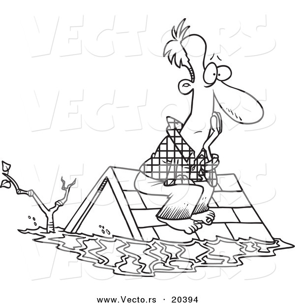 Vector of a Cartoon Flood Survivor Sittin on His Roof - Coloring Page Outline
