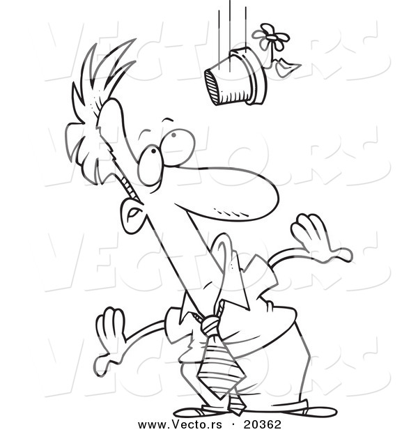 Vector of a Cartoon Flower Pot Falling on a Businessman - Coloring Page Outline