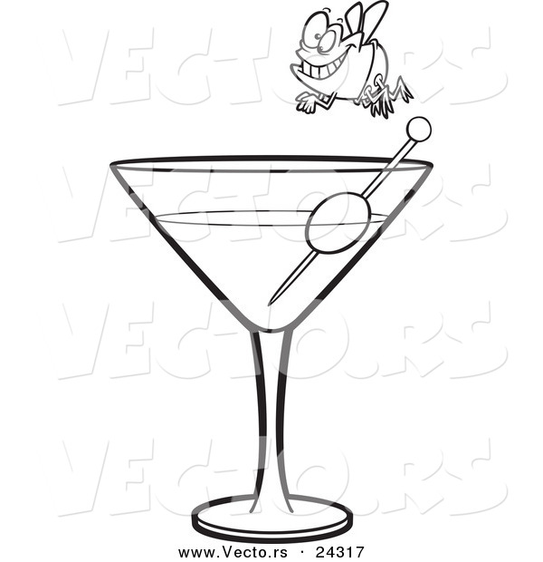 Vector of a Cartoon Fly Diver over a Martini Black and White Outline - Outlined Coloring Page