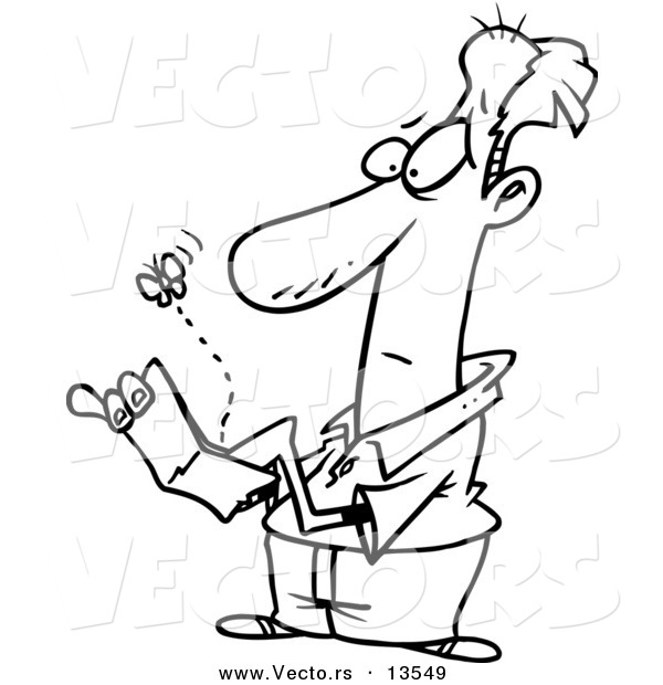 Vector of a Cartoon Fly Emerging from a Broke Man's Wallet - Coloring Page Outline