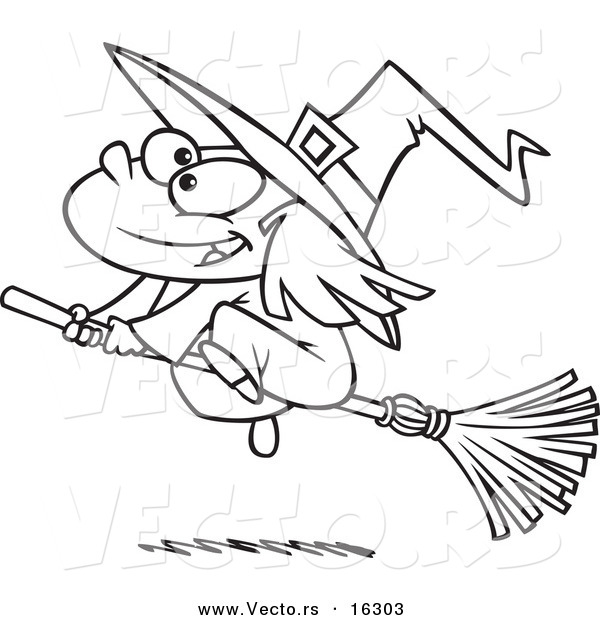 Vector of a Cartoon Flying Girl Witch - Outlined Coloring Page Drawing