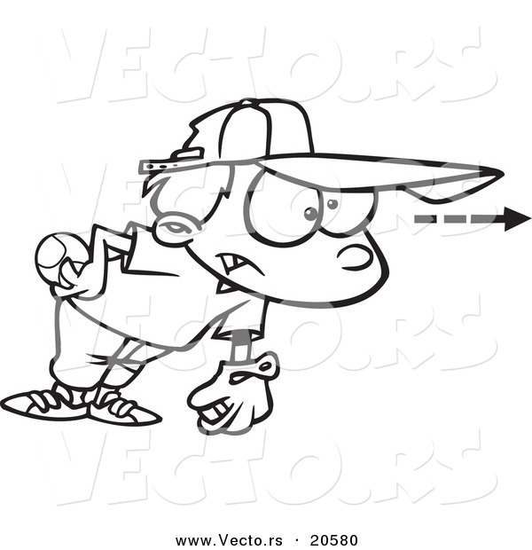 Vector of a Cartoon Focused Boy Pitching a Baseball - Coloring Page Outline