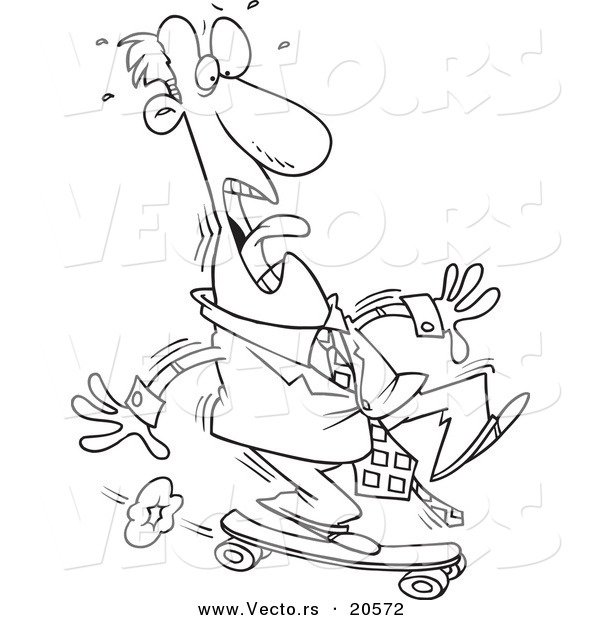 Vector of a Cartoon Foolish Businessman Riding a Skateboard - Coloring Page Outline