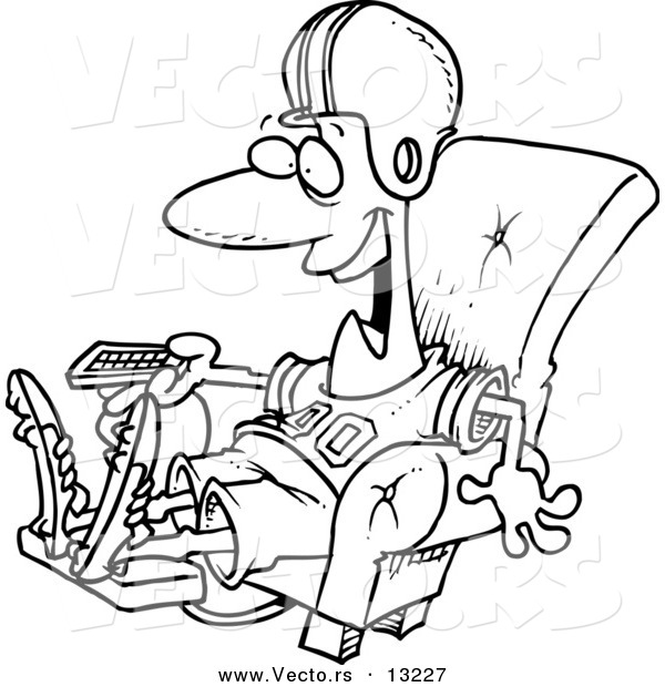 Vector of a Cartoon Football Fan Watching TV in an Arm Chair - Coloring Page Outline