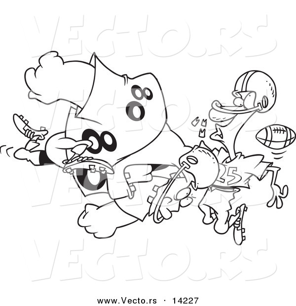 Vector of a Cartoon Football Player Tackling Another and Knocking out His Teeth - Coloring Page Outline