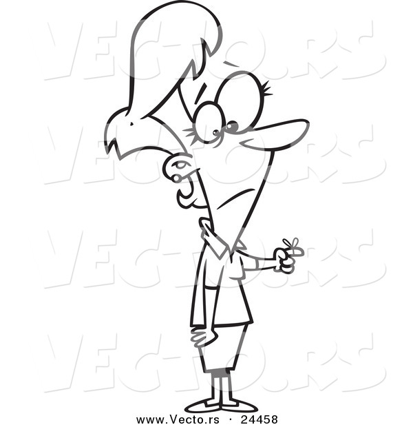 Vector of a Cartoon Forgetful Businesswoman Eyeing the Reminder on Her Finger - Outlined Coloring Page