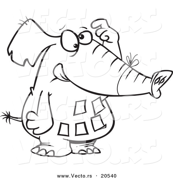 Vector of a Cartoon Forgetful Elephant with Notes on His Belly - Coloring Page Outline