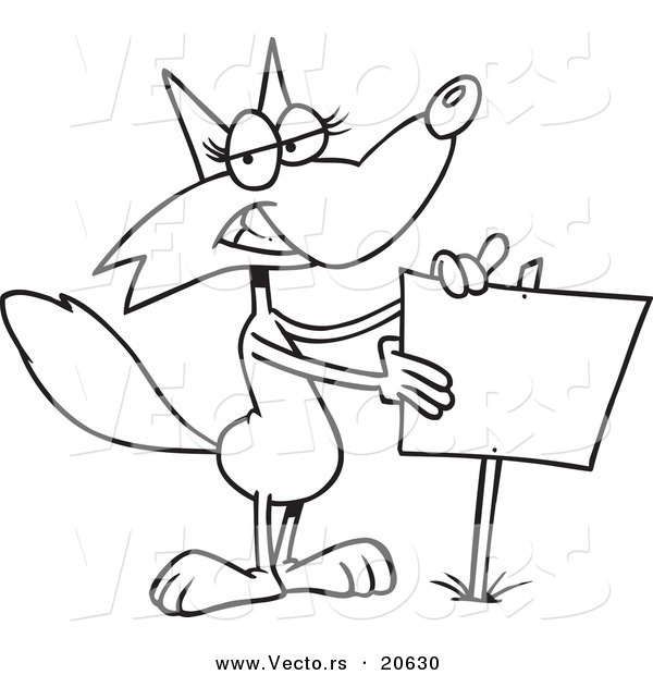 Vector of a Cartoon Fox Presenting a Blank Sign - Coloring Page Outline