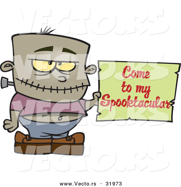 Vector of a Cartoon Frankenstein Boy Holding a "Come to My Spooktacular" Party Halloween Sign