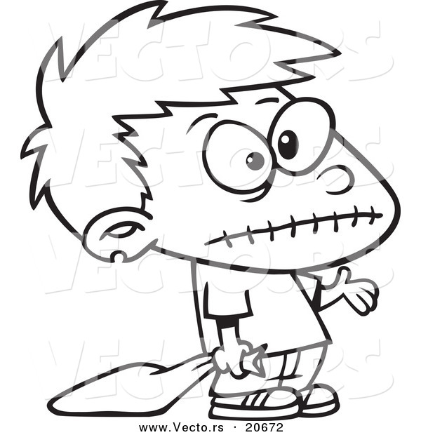 Vector of a Cartoon Frankenstein Boy Trick or Treating - Coloring Page Outline
