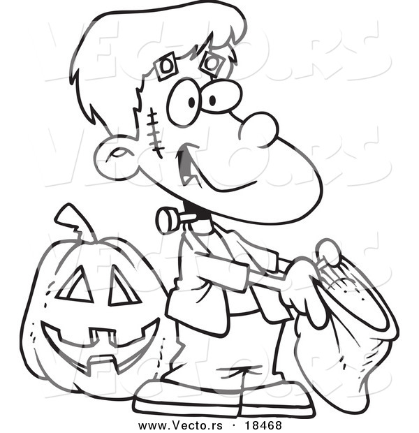Vector of a Cartoon Frankenstein Boy Trick or Treating - Outlined Coloring Page
