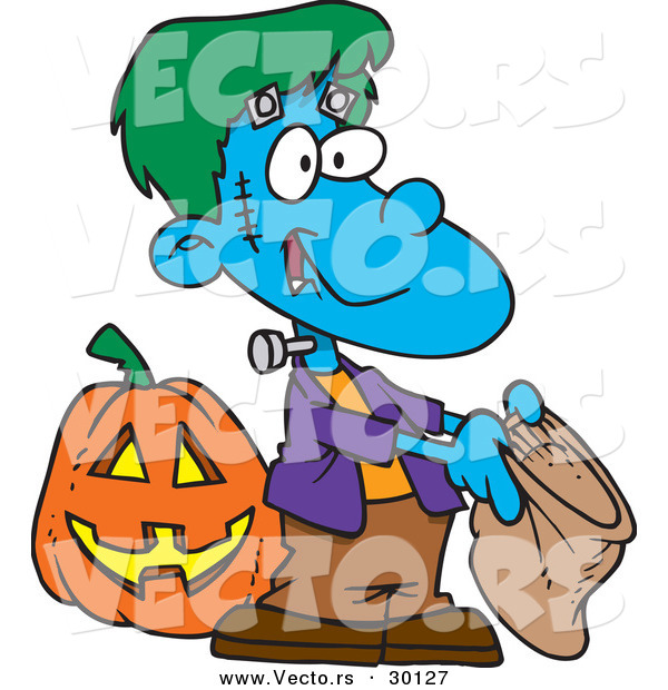 Vector of a Cartoon Frankenstein Boy Trick-or-Treating for Candy on Halloween