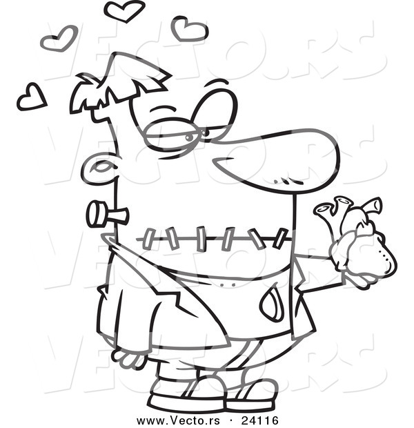 Vector of a Cartoon Frankenstein Holding a Heart - Coloring Page Outline
