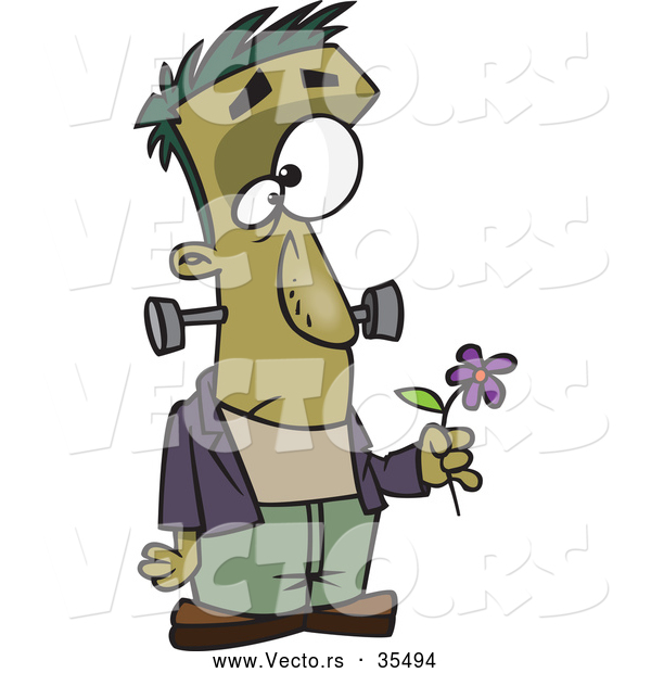 Vector of a Cartoon Frankenstein Holding a Purple Flower