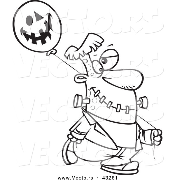 Vector of a Cartoon Frankenstein Walking with a Halloween Jackolantern Balloon - Coloring Page Outline