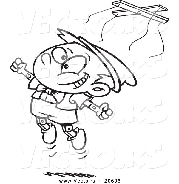 Vector of a Cartoon Free Wooden Puppet Boy Jumping - Coloring Page Outline