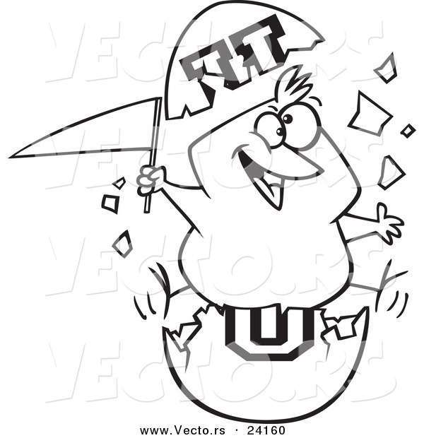 Vector of a Cartoon Freshmen Chick with a Flag in an Egg Shell - Coloring Page Outline
