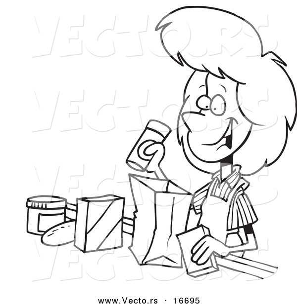 Vector of a Cartoon Friendly Cashier Bagging Groceries - Outlined Coloring Page Drawing