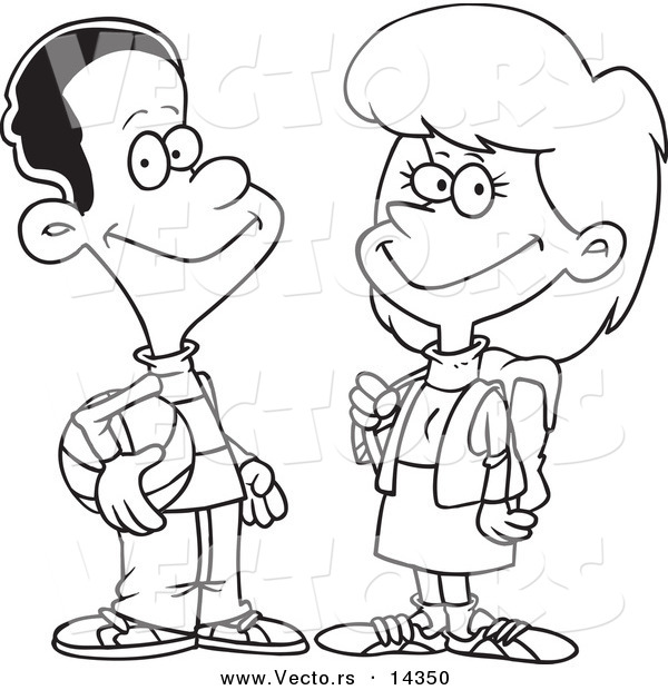 Vector of a Cartoon Friendly Teen Boy Talking to a School Girl - Coloring Page Outline