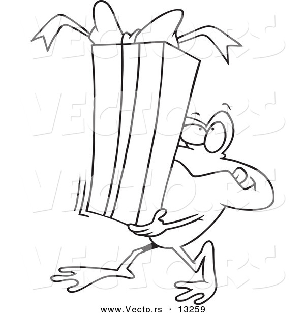 Vector of a Cartoon Frog Carrying a Gift Box - Coloring Page Outline